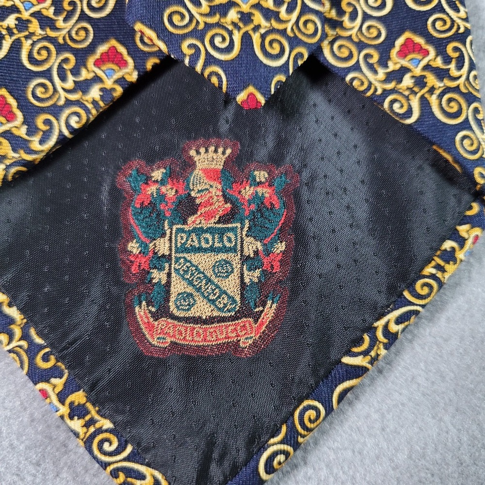 VTG Paolo Gucci Tie Mens Navy Gold Silk Made Italy Baroque Medallion Luxury 80s - Picture 5 of 7